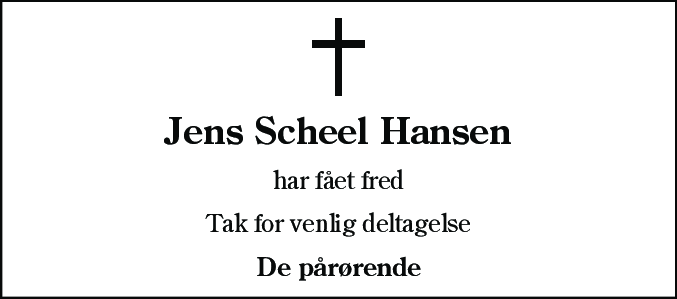 Dødsannonce for Jens Scheel Hansen
