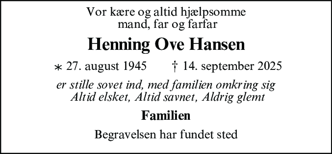 Dødsannonce for Henning Ove Hansen
