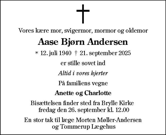 Dødsannonce for Aase Bjørn Andersen