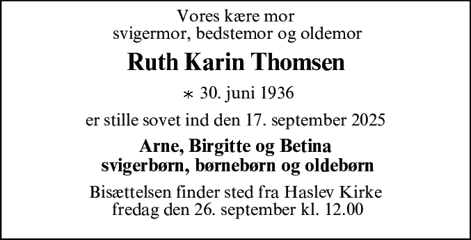 Dødsannonce for Ruth Karin Thomsen