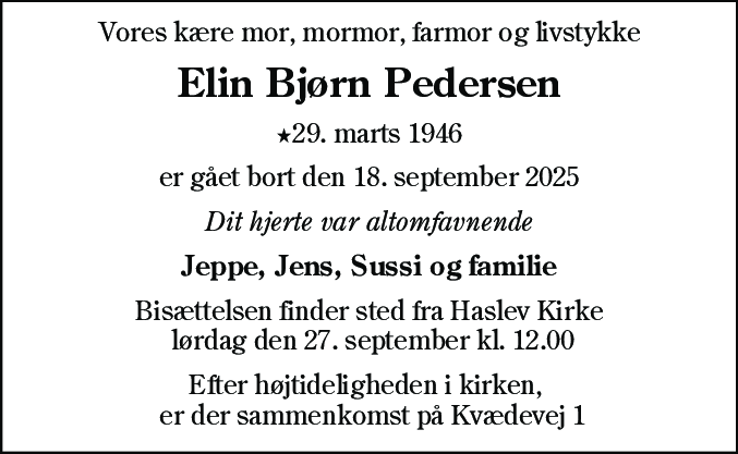 Dødsannonce for Elin Pedersen
