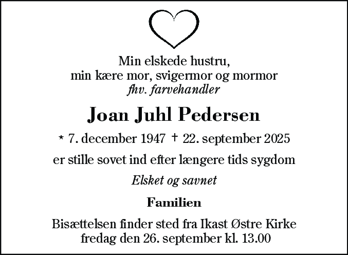 Dødsannonce for Joan Juhl Pedersen