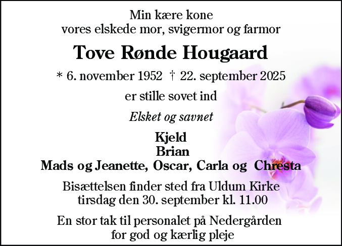 Dødsannonce for Tove Rønde Hougaard