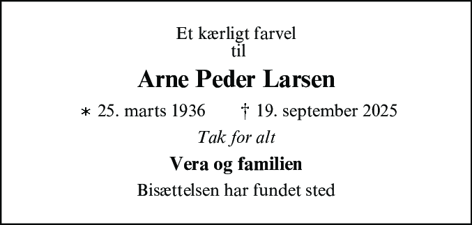 Dødsannonce for Arne Peder Larsen