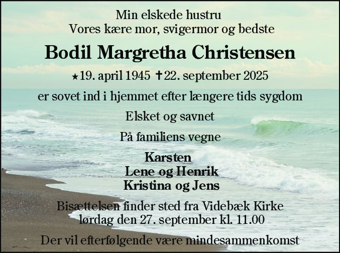 Dødsannonce for Bodil Margretha Christensen