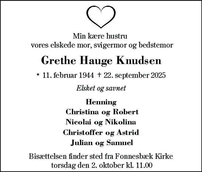 Dødsannonce for Grethe Hauge Knudsen