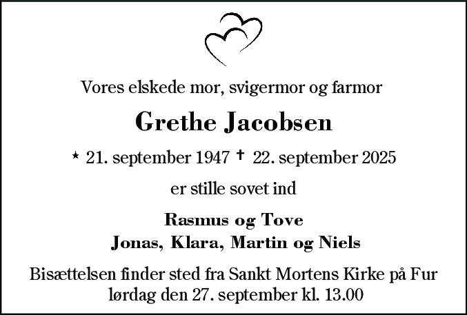 Dødsannonce for Grethe Jacobsen