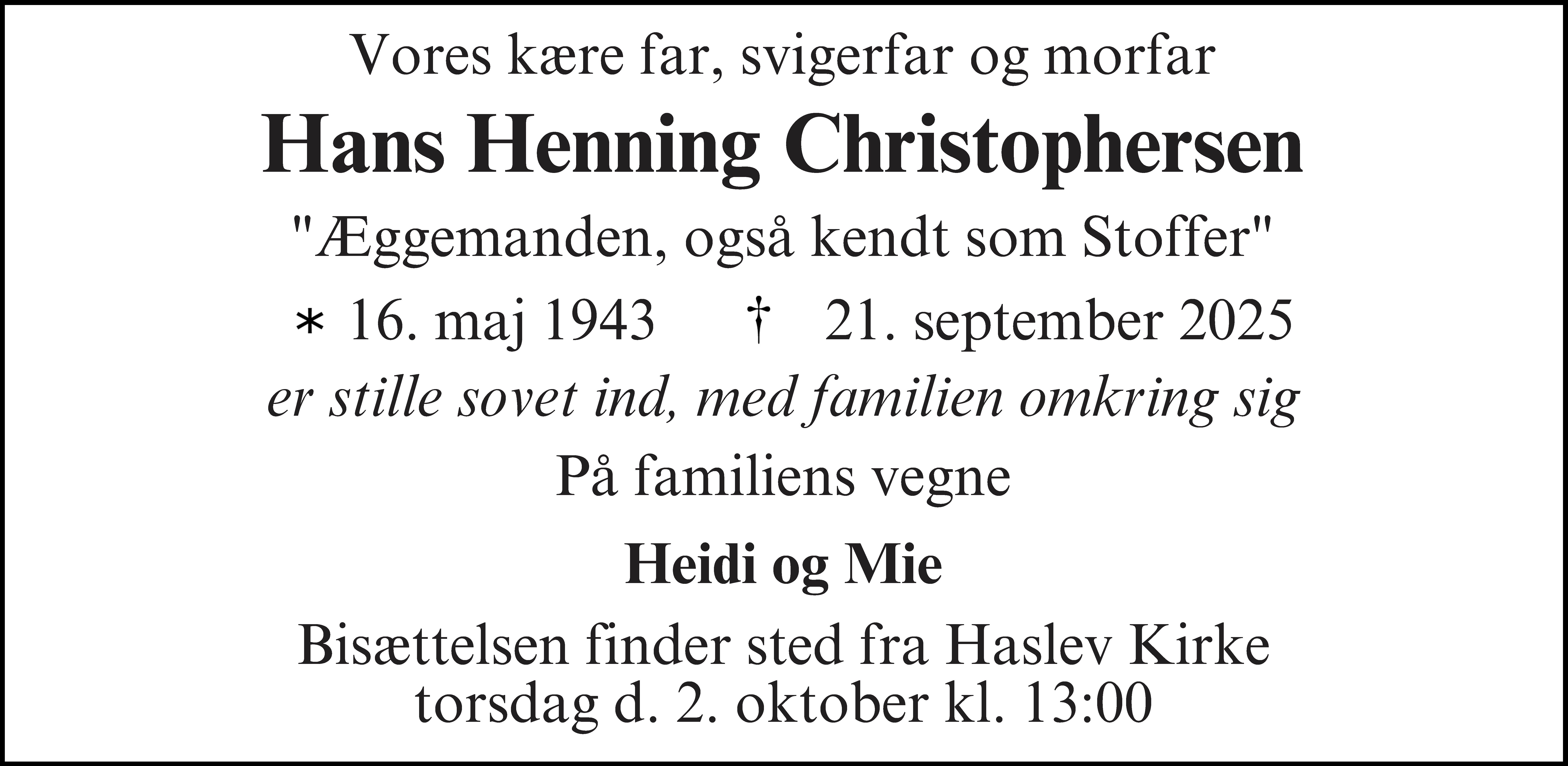 Dødsannonce for Hans Henning Christophersen