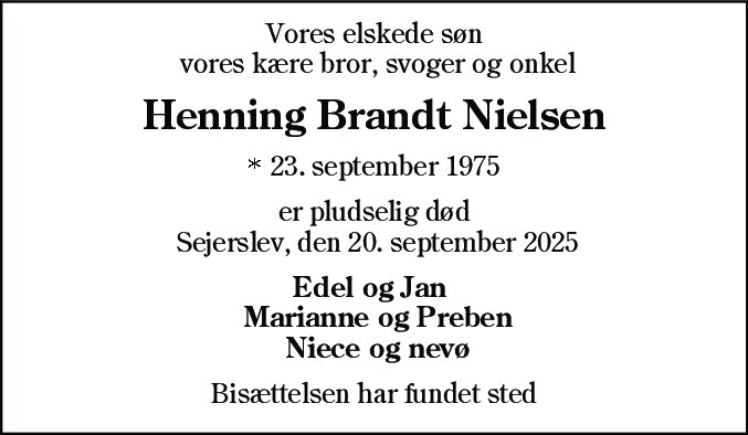 Dødsannonce for Henning Brandt Nielsen