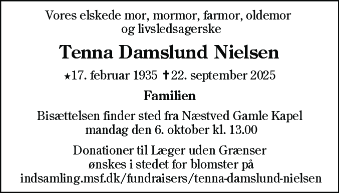 Dødsannonce for Tenna Damslund Nielsen