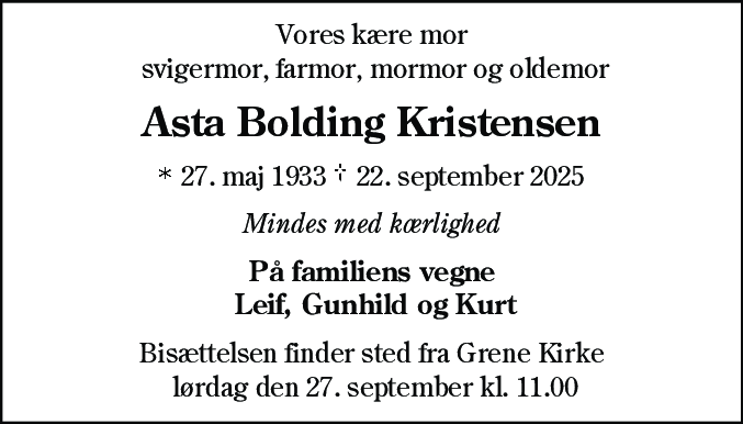 Dødsannonce for Asta Bolding Kristensen