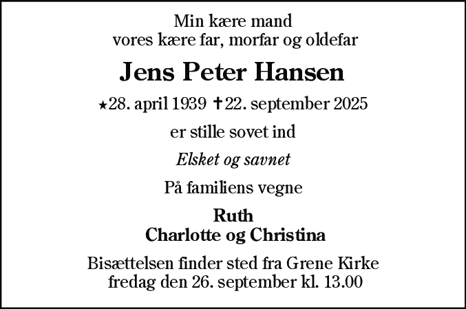 Dødsannonce for Jens Peter Hansen