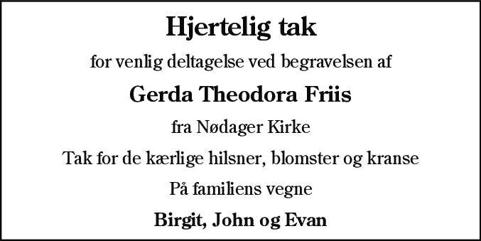 Dødsannonce for Gerda Theodora Friis