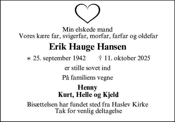 Dødsannonce for Erik Hauge Hansen