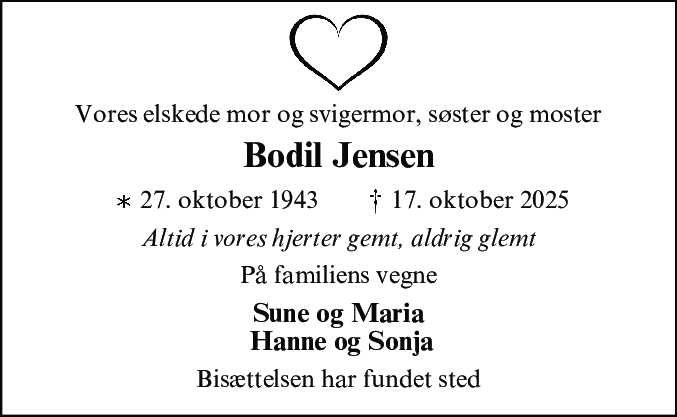 Dødsannonce for Bodil Jensen