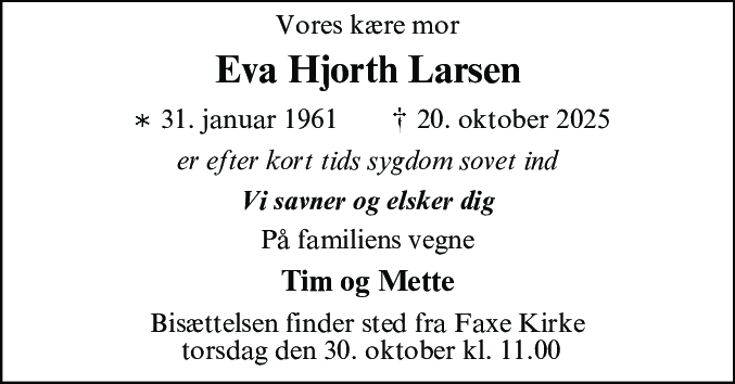Dødsannonce for Eva Hjorth Larsen