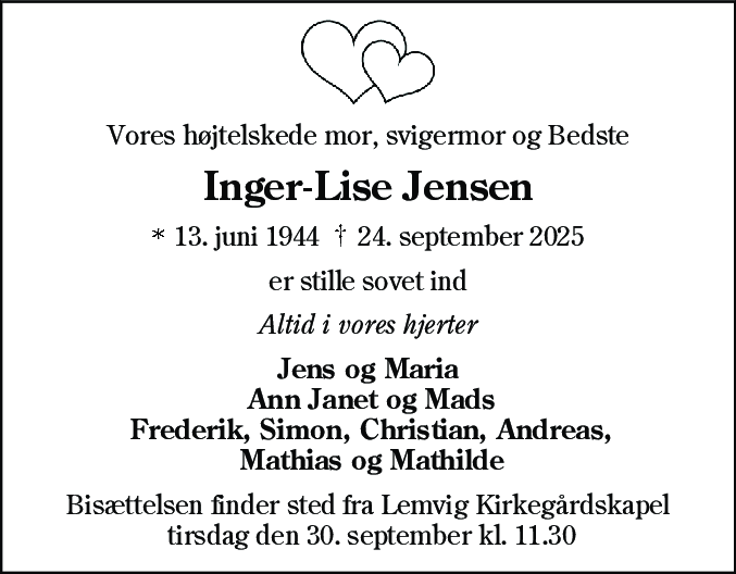 Dødsannonce for Inger-Lise Jensen