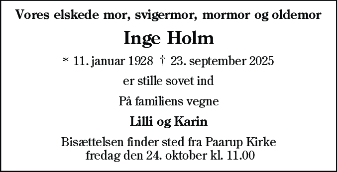 Dødsannonce for Inge Holm