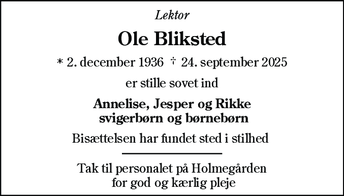 Dødsannonce for Ole Bliksted