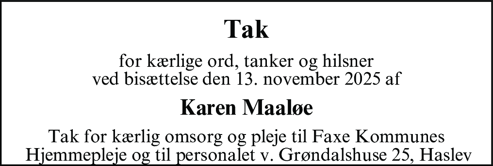 Dødsannonce for Karen Boye Maaløe