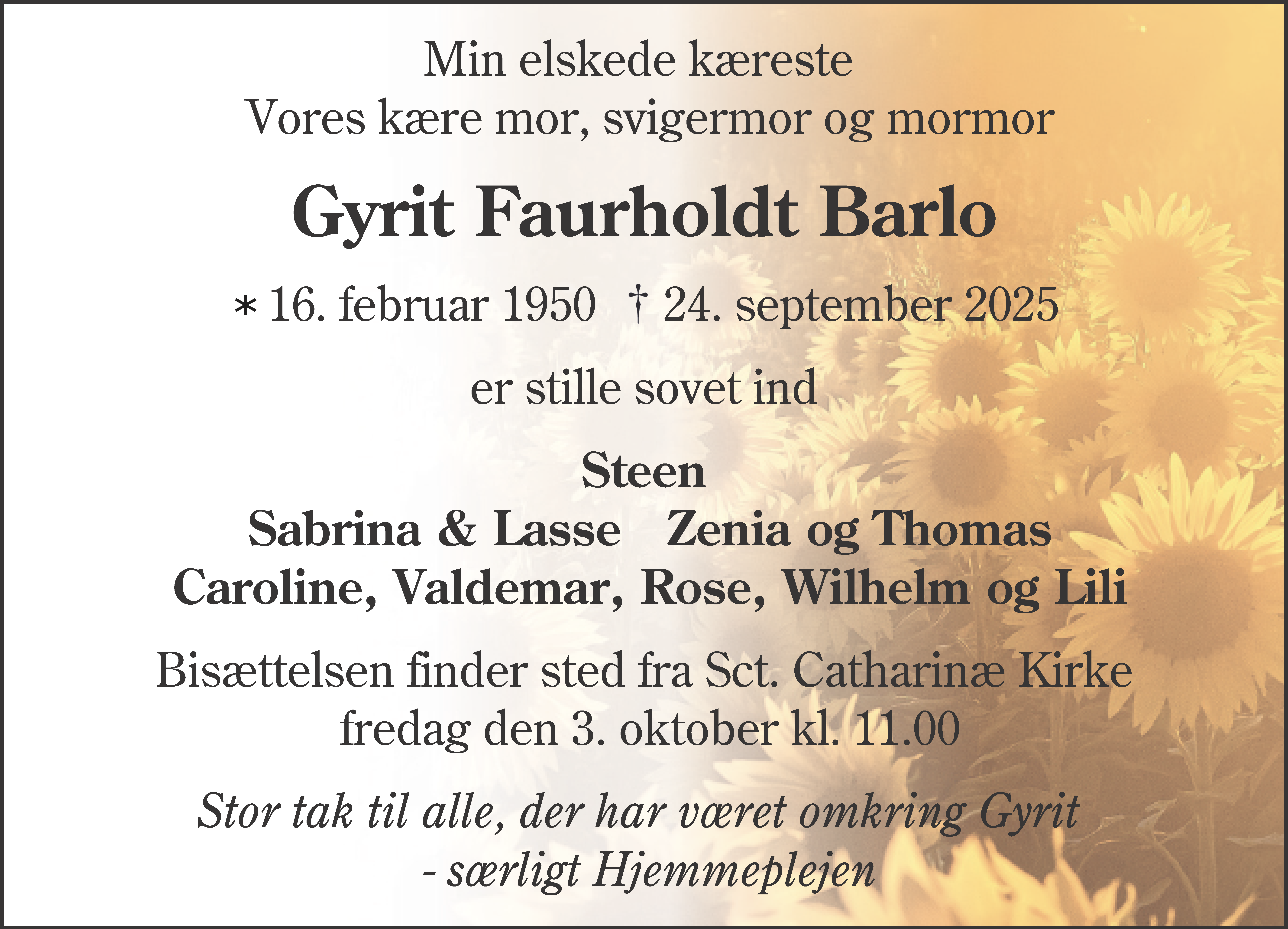 Dødsannonce for Gyrit Faurholdt Barlo
