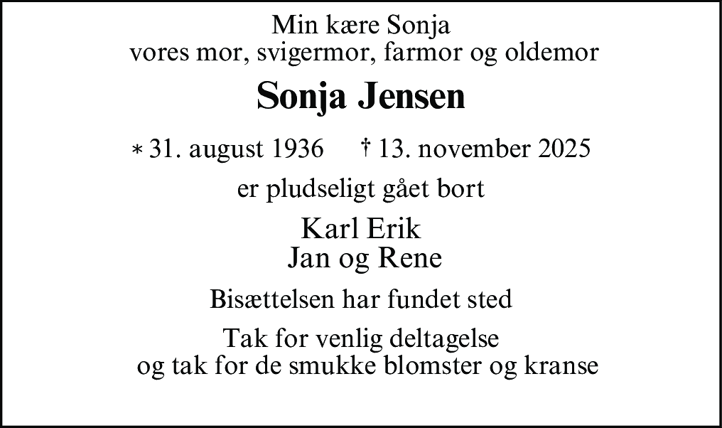 Dødsannonce for Sonja Jensen