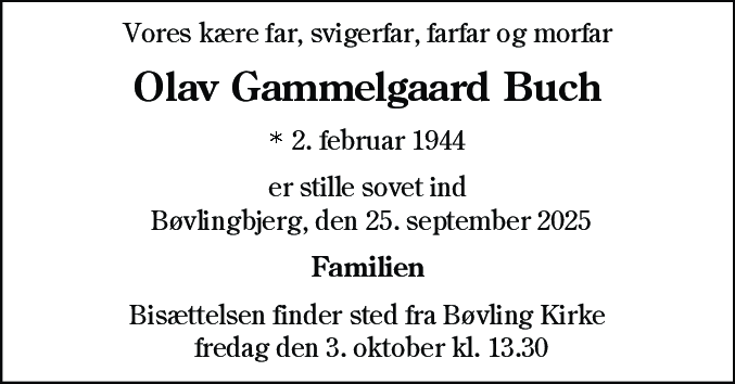 Dødsannonce for Olav Gammelgaard Buch