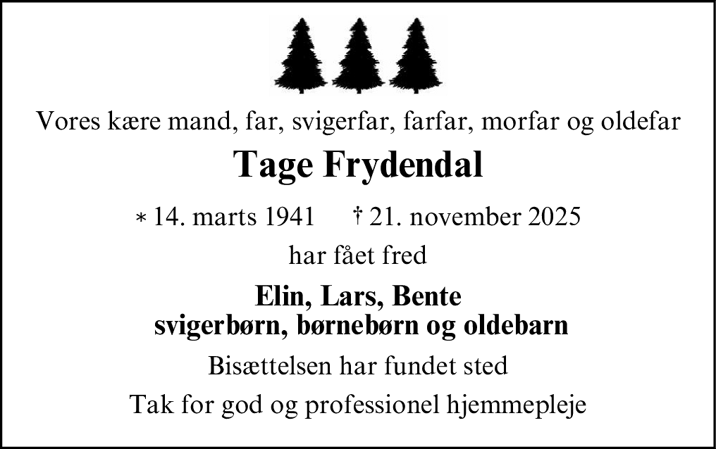 Dødsannonce for Tage Frydendal
