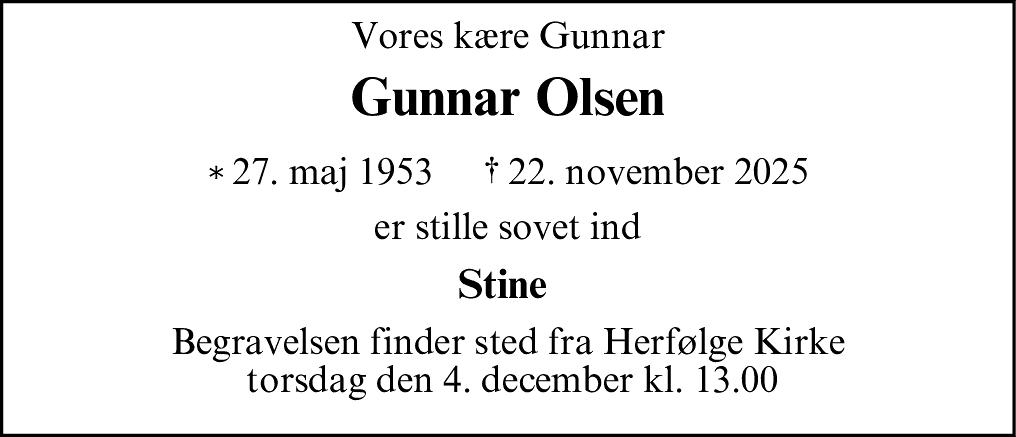 Dødsannonce for Gunnar Olsen