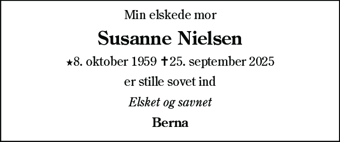 Dødsannonce for Susanne Nielsen