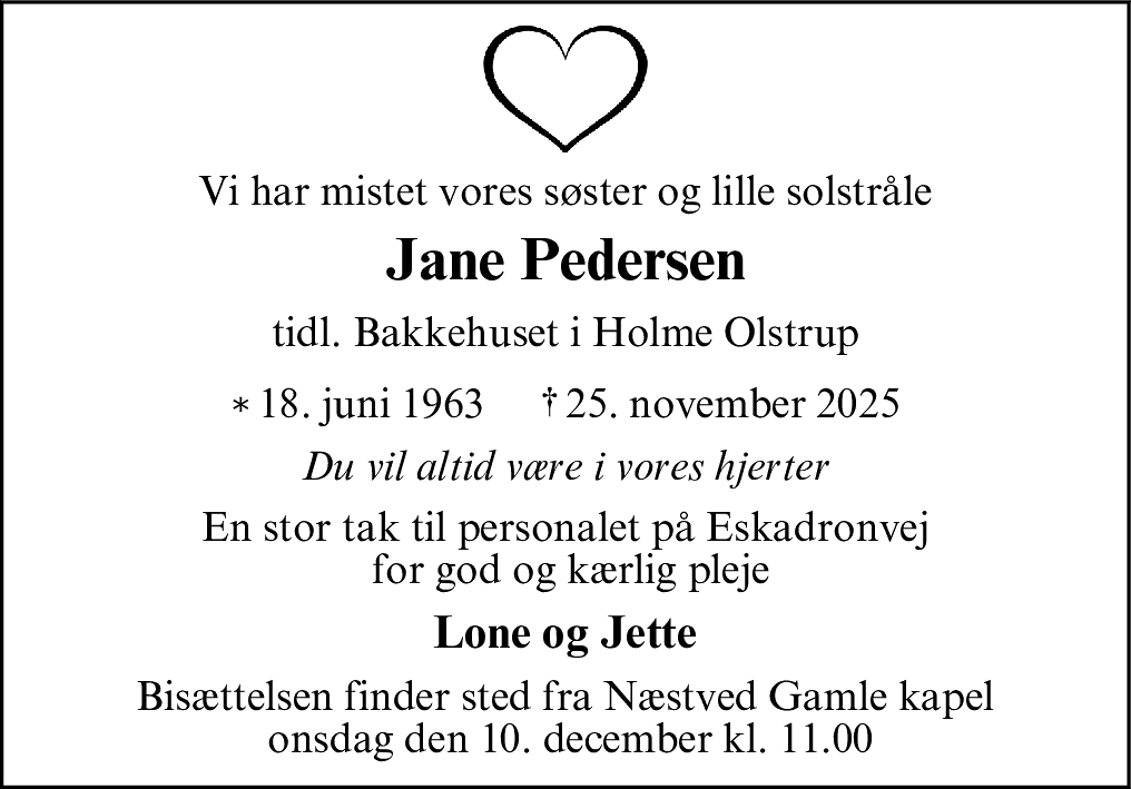Dødsannonce for Jane Pedersen