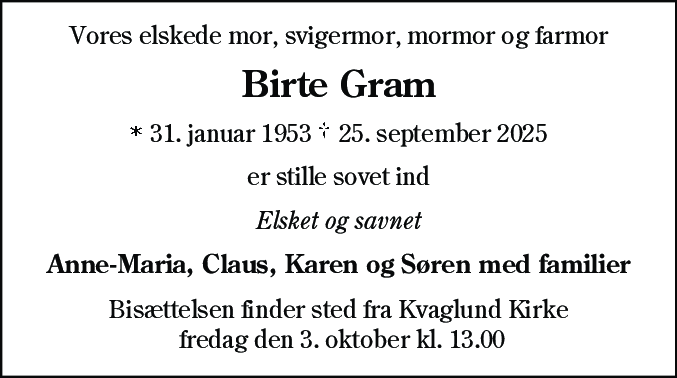 Dødsannonce for Birte Gram