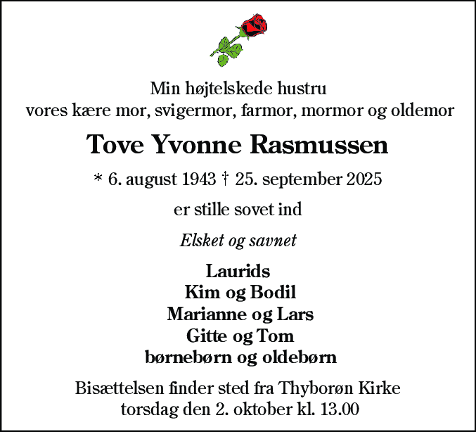 Dødsannonce for Tove Yvonne Rasmussen