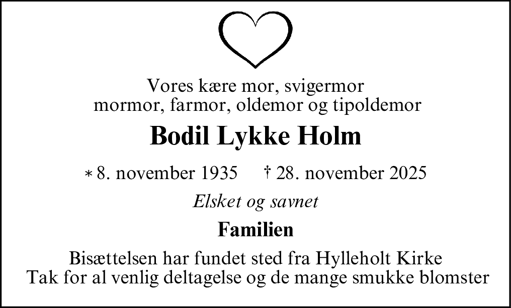 Dødsannonce for Bodil Lykke Holm