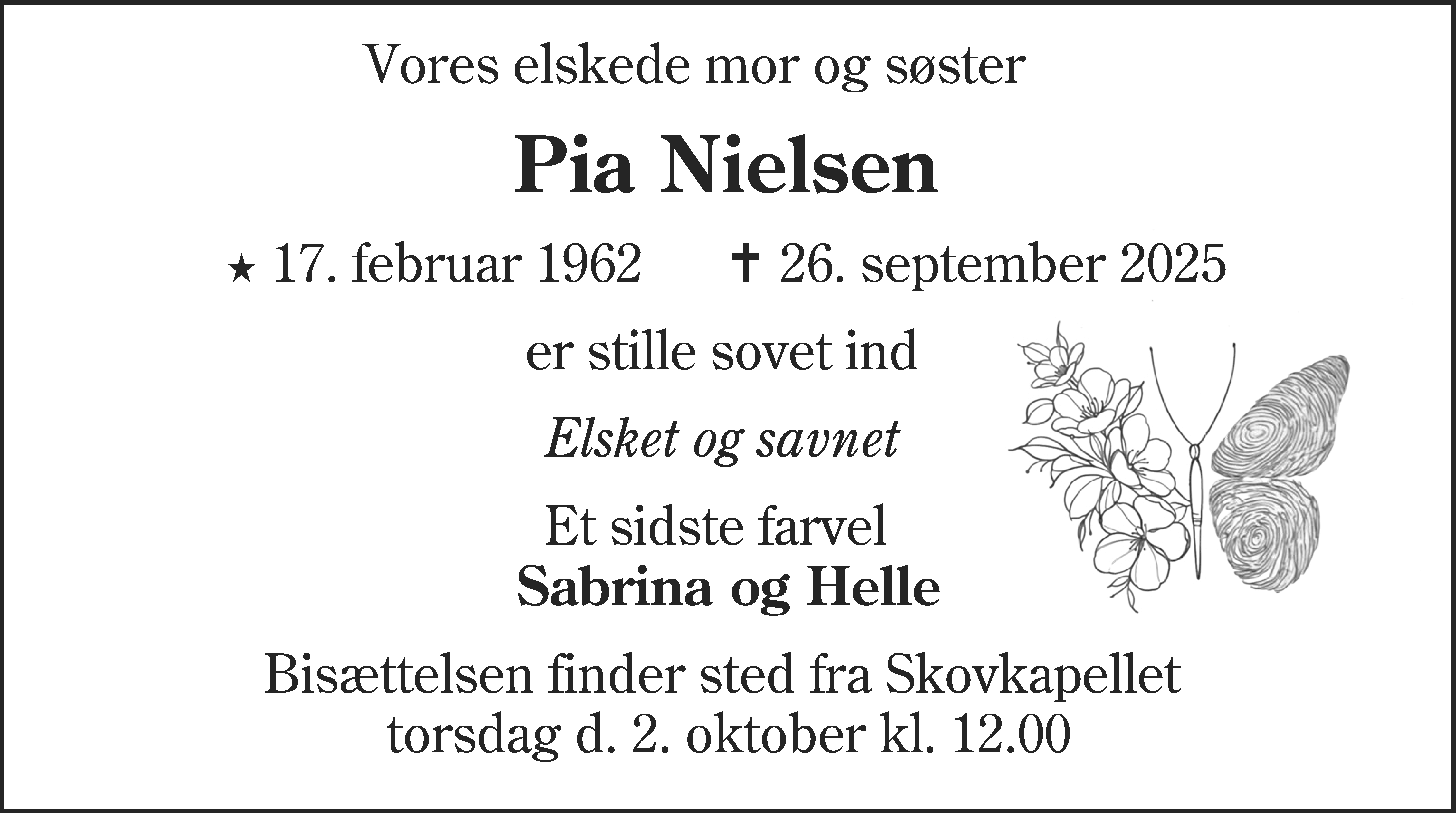Dødsannonce for Pia Nielsen