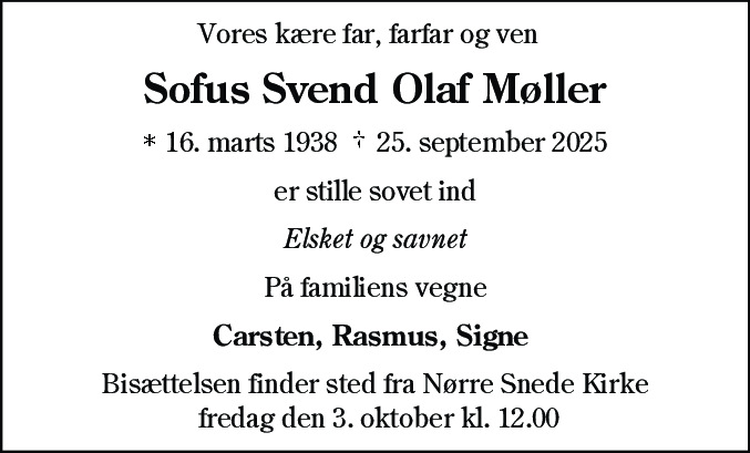 Dødsannonce for Sofus Svend Olaf Møller