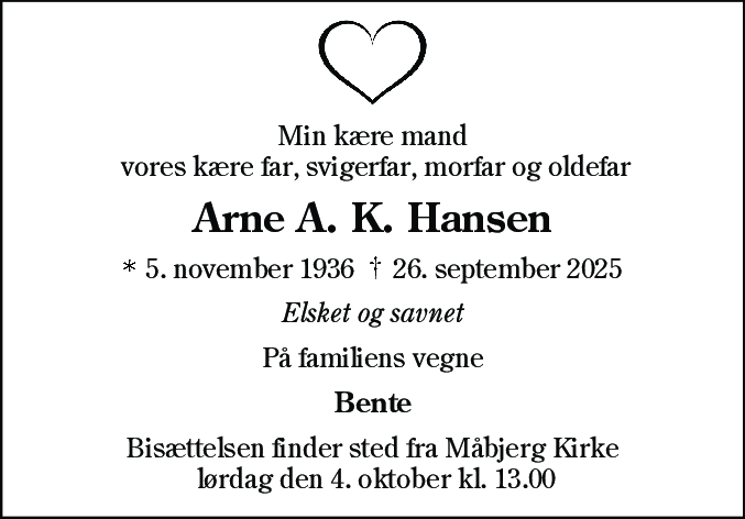 Dødsannonce for Arne Anton Christian Hansen