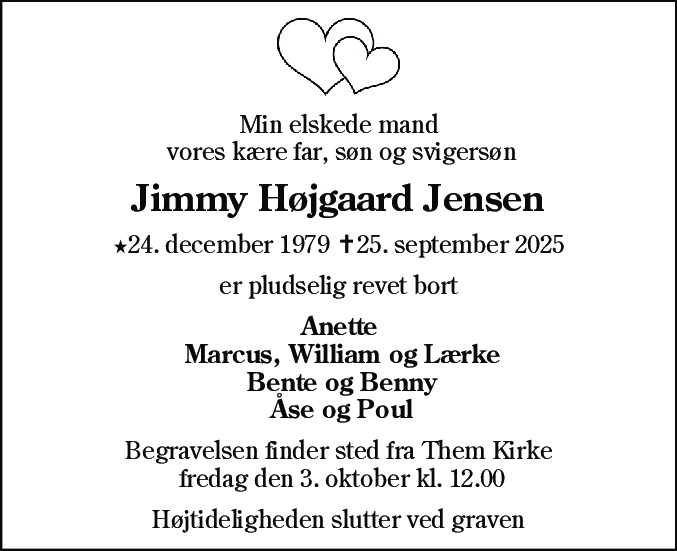 Dødsannonce for Jimmy Højgaard Jensen