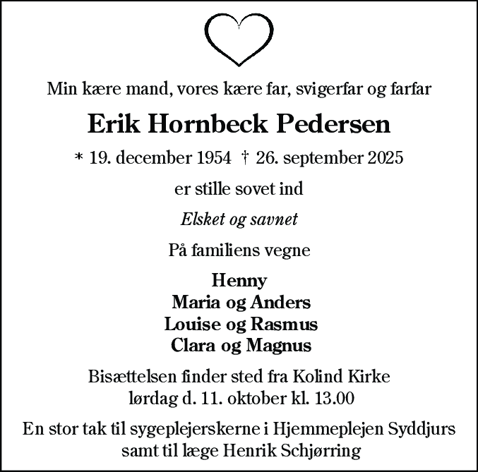 Dødsannonce for Erik Hornbeck Pedersen