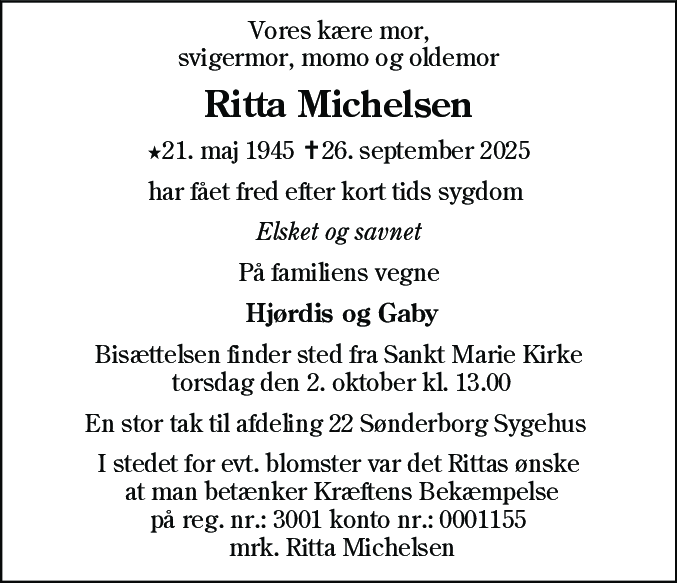 Dødsannonce for Ritta Michelsen