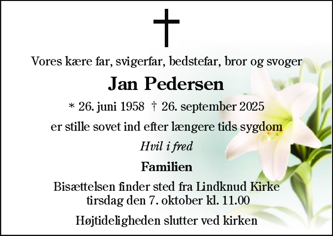 Dødsannonce for Jan Pedersen