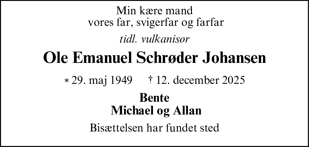 Dødsannonce for Ole Emanuel Schrøder Johansen