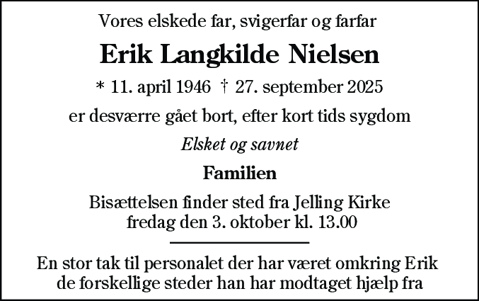 Dødsannonce for Erik Langkilde Nielsen