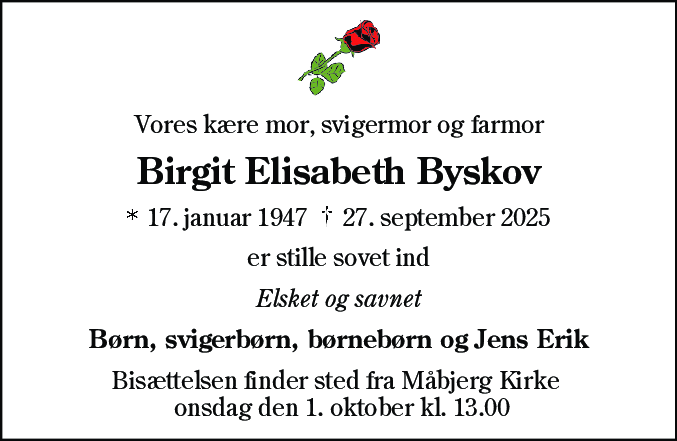 Dødsannonce for Birgit Elisabeth Byskov