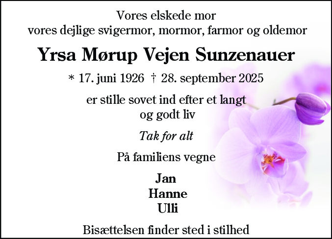 Dødsannonce for Yrsa Mørup Vejen Sunzenauer