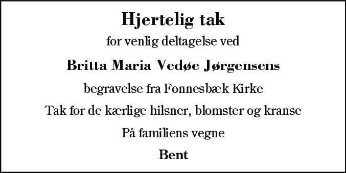 Dødsannonce for Britta Maria Vedøe Jørgensen
