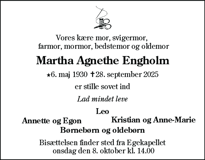Dødsannonce for Martha Agnethe Engholm