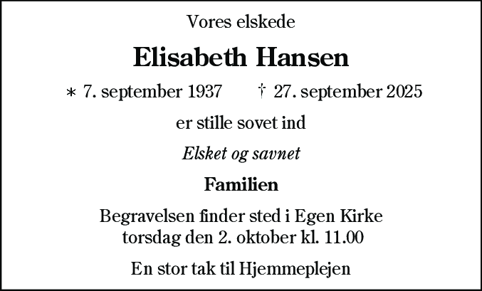 Dødsannonce for Elisabeth Hansen