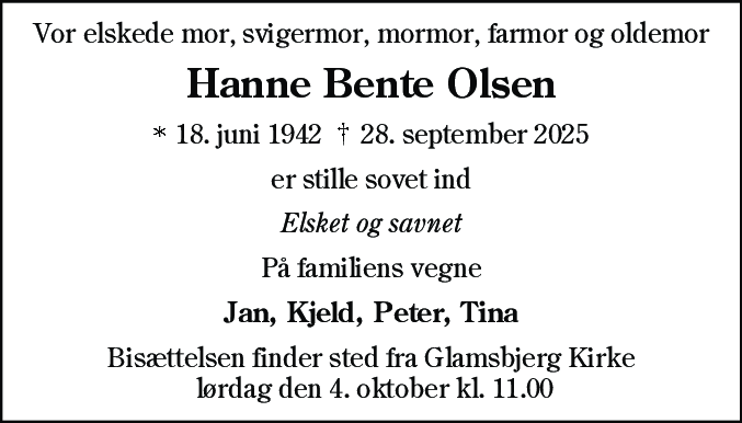 Dødsannonce for Hanne Bente Olsen