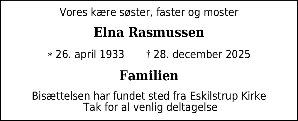 Dødsannonce for Elna Rasmussen
